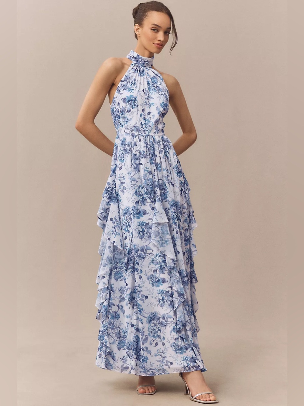 New Anthropologie BHLDN High Neck Printed Chiffon Ruffle Floral Maxi Dress